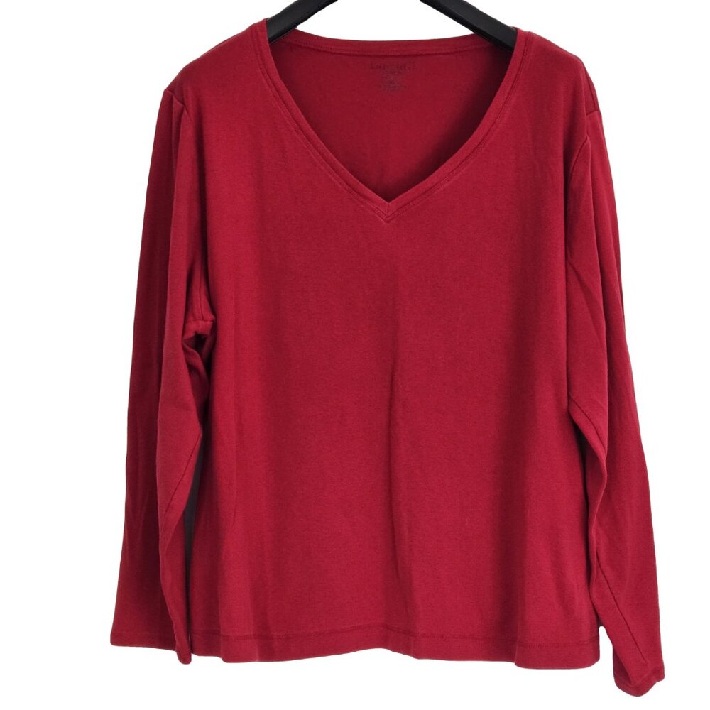 KATE HILL Red Cotton V Neck Long Sleeve Top 3X